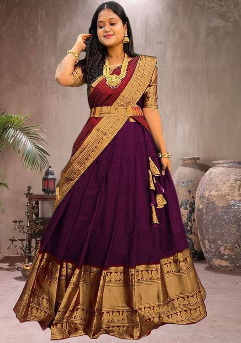 Multi Color Embroidered Jacquard Lehenga Set With Dupatta - Indya