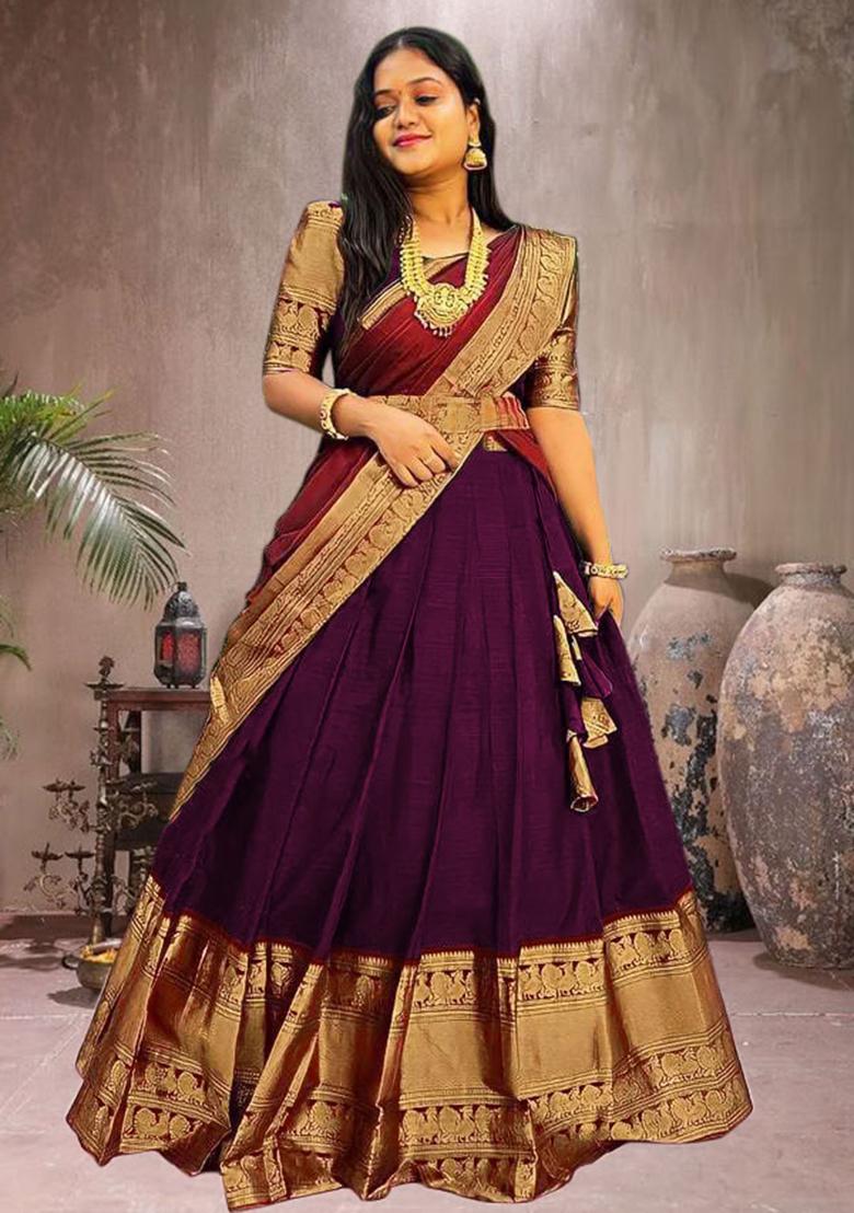 Multi Color Embroidered Jacquard Lehenga Set With Dupatta - Indya