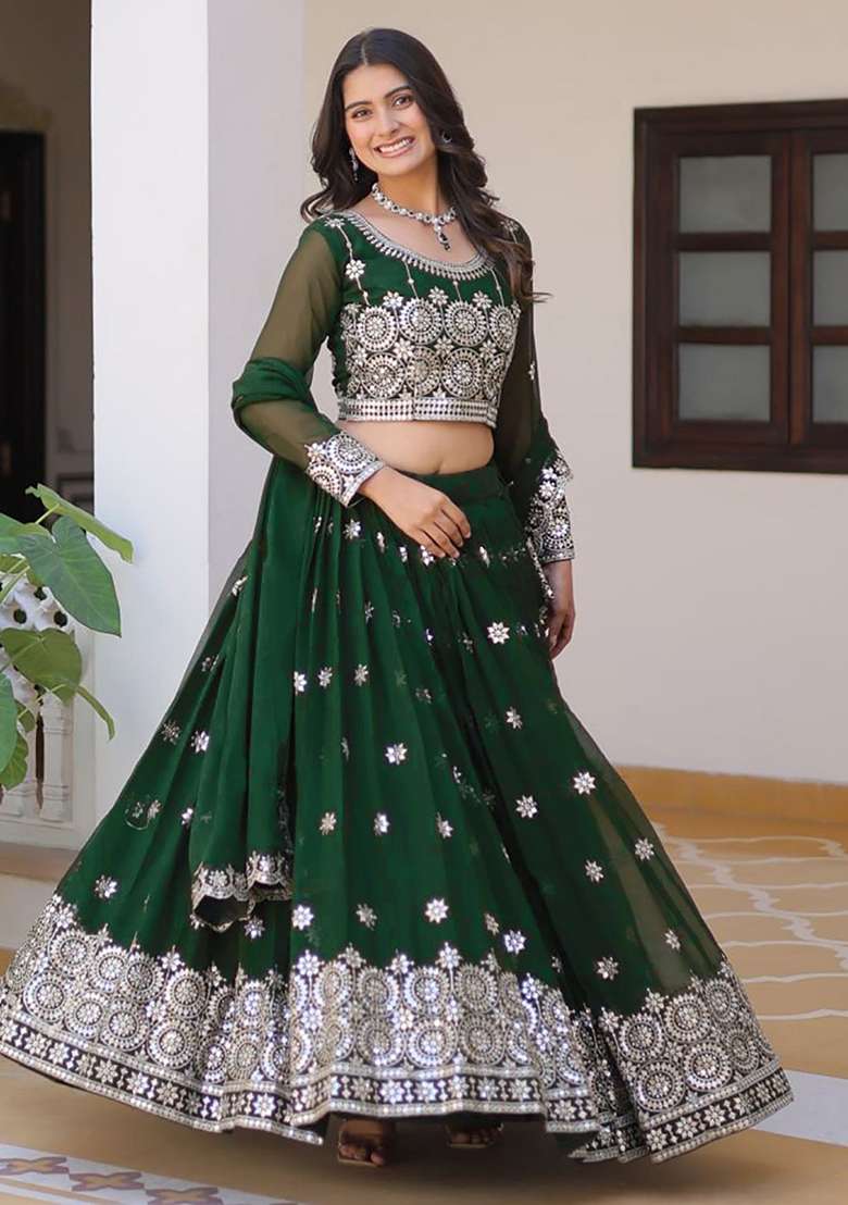Multi Color Embroidered Georgette Lehenga Set With Dupatta - Indya