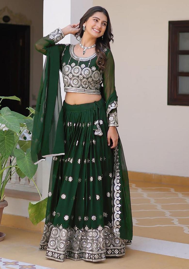 Multi Color Embroidered Georgette Lehenga Set With Dupatta - Indya