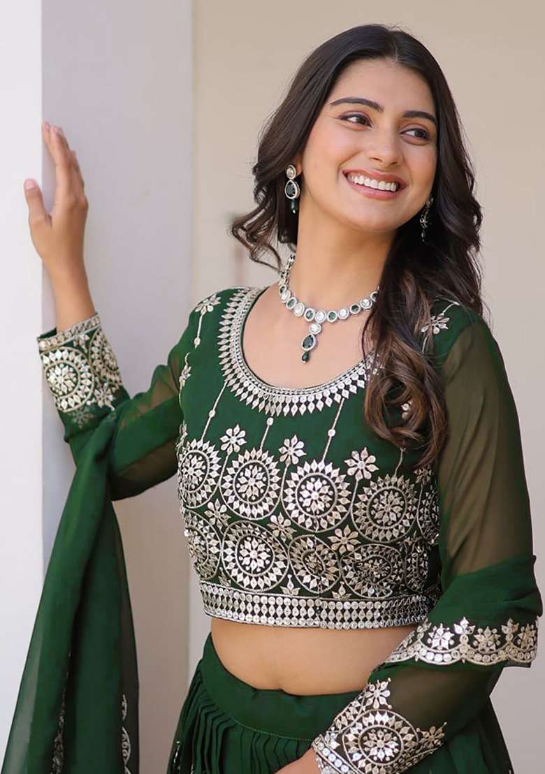 Multi Color Embroidered Georgette Lehenga Set With Dupatta - Indya