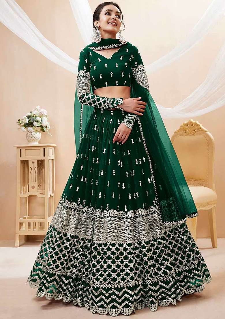 Multi Color Embroidered Georgette Lehenga Set With Dupatta - Indya