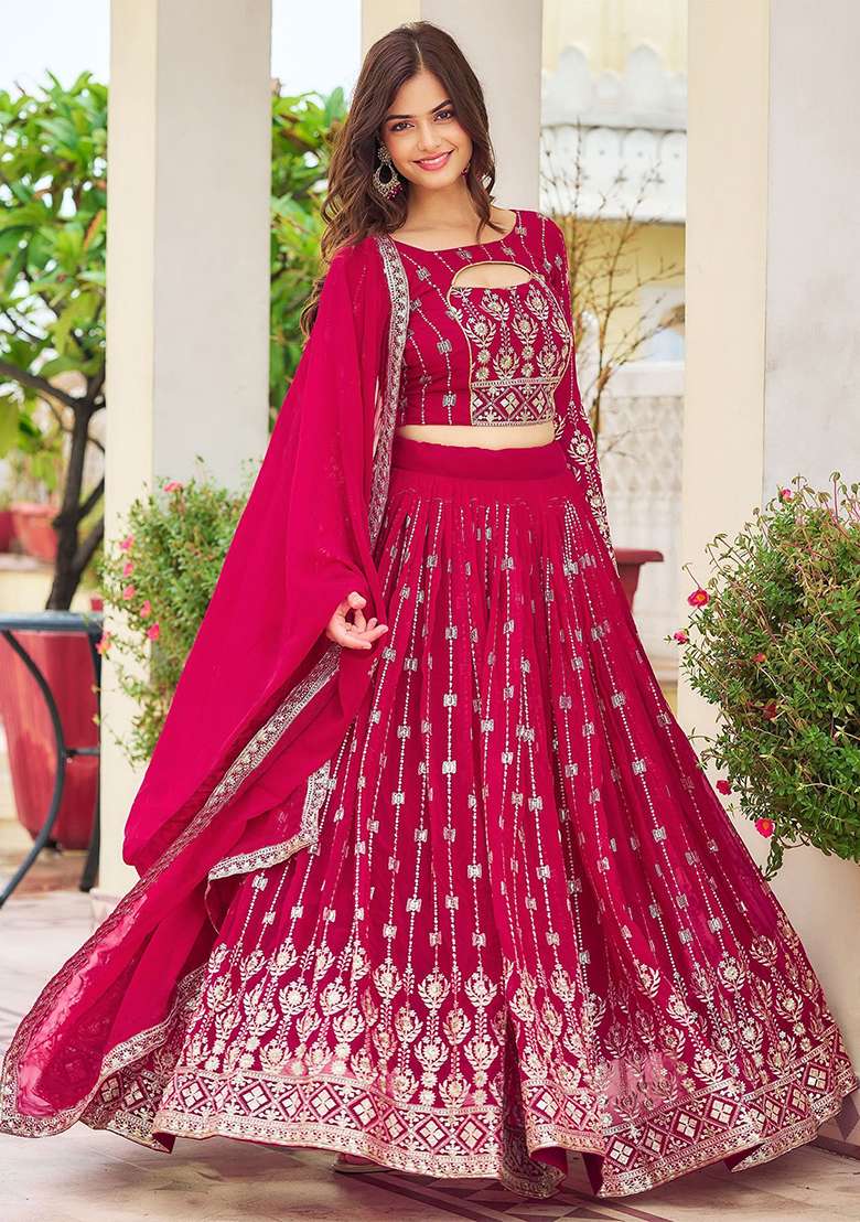 Multi Color Embroidered Georgette Lehenga Set With Dupatta - Indya