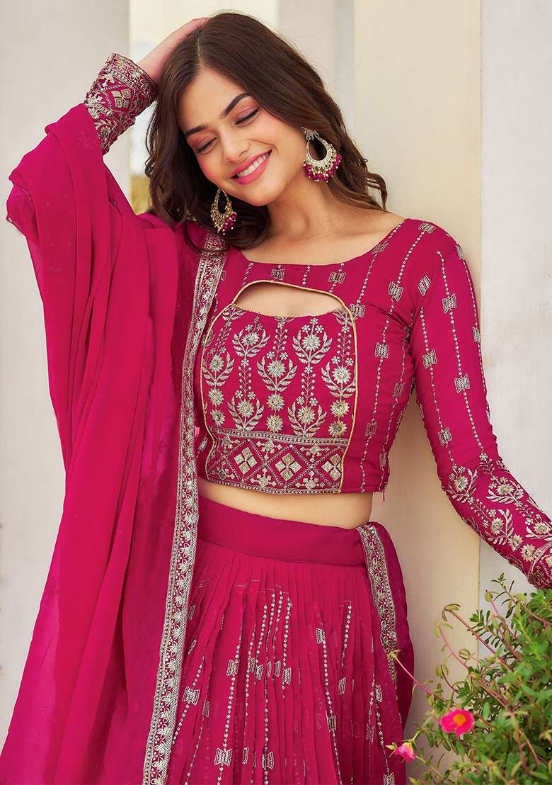 Multi Color Embroidered Georgette Lehenga Set With Dupatta - Indya