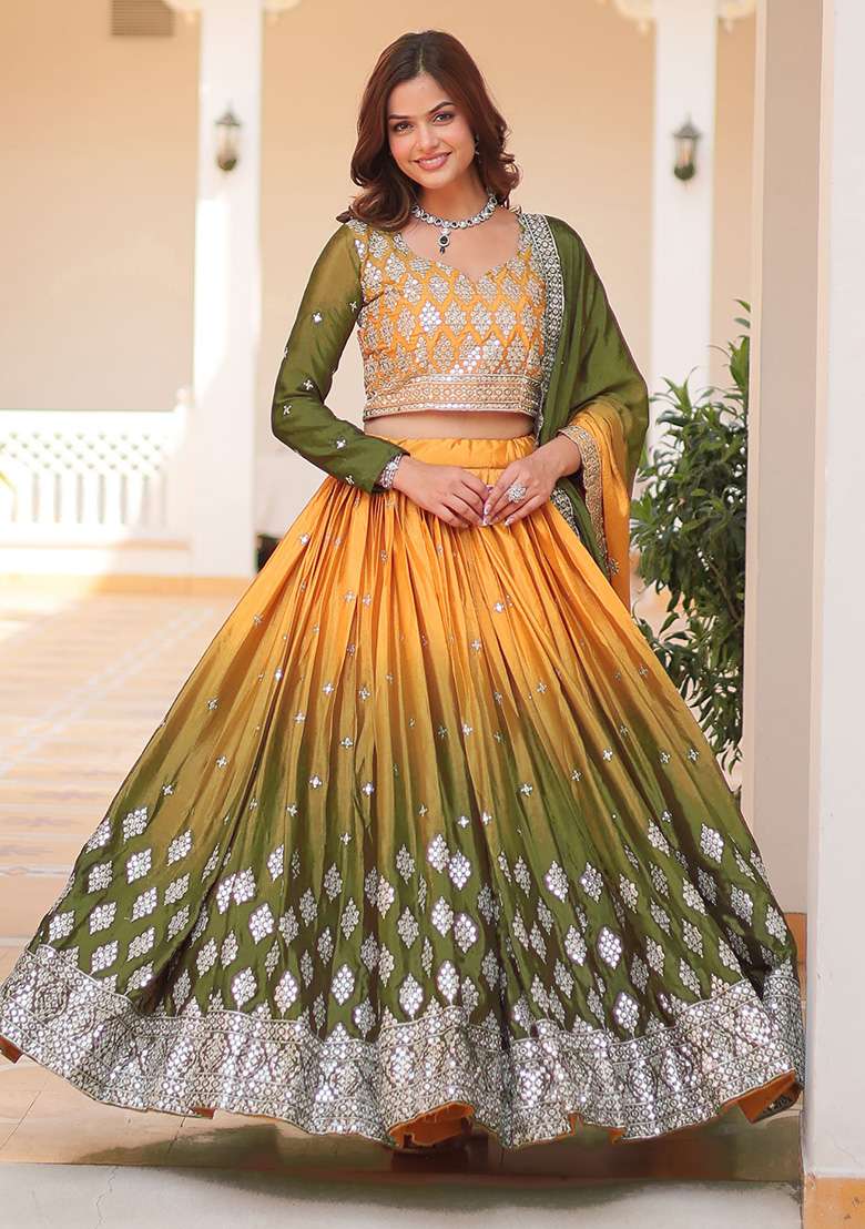 Multi Color Embroidered Chinon Lehenga Set With Dupatta - Indya