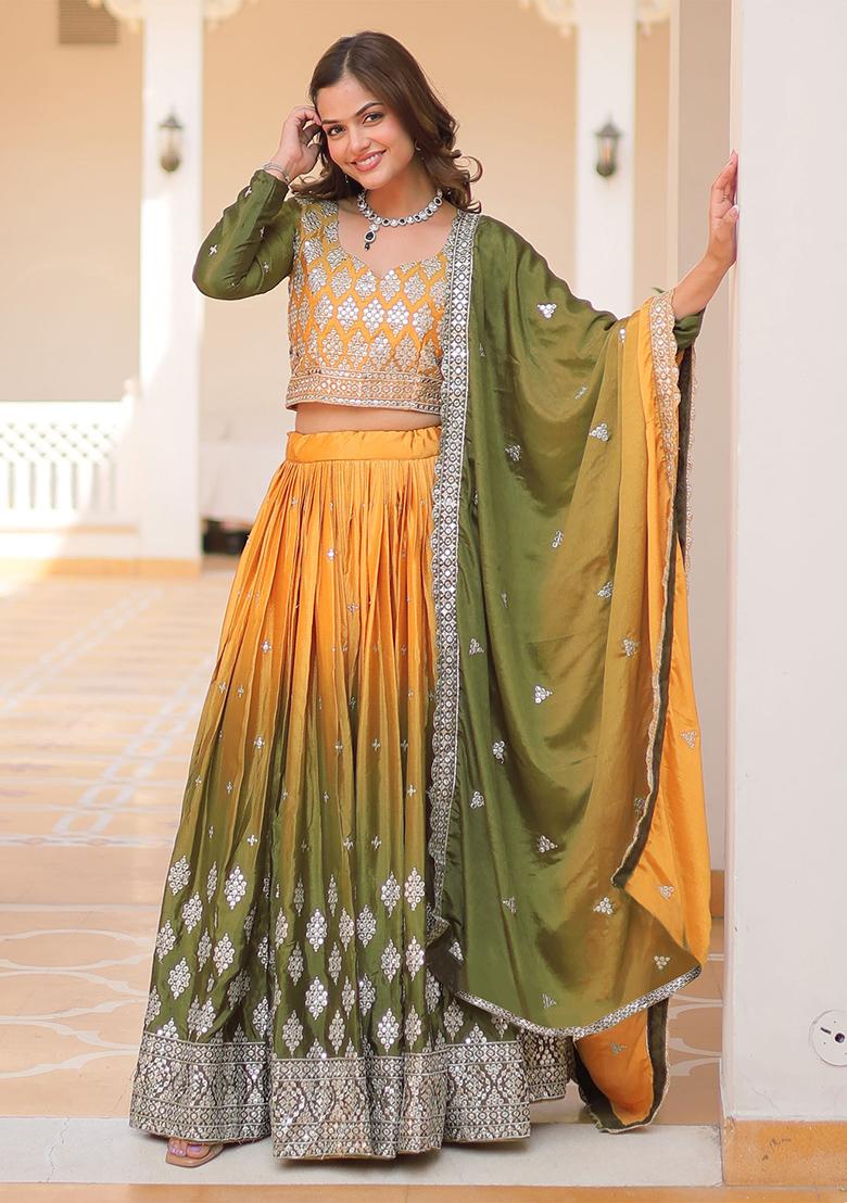 Multi Color Embroidered Chinon Lehenga Set With Dupatta - Indya