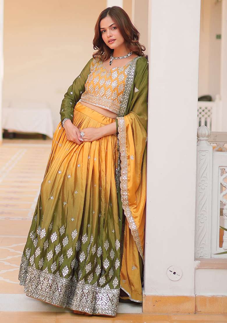 Multi Color Embroidered Chinon Lehenga Set With Dupatta - Indya
