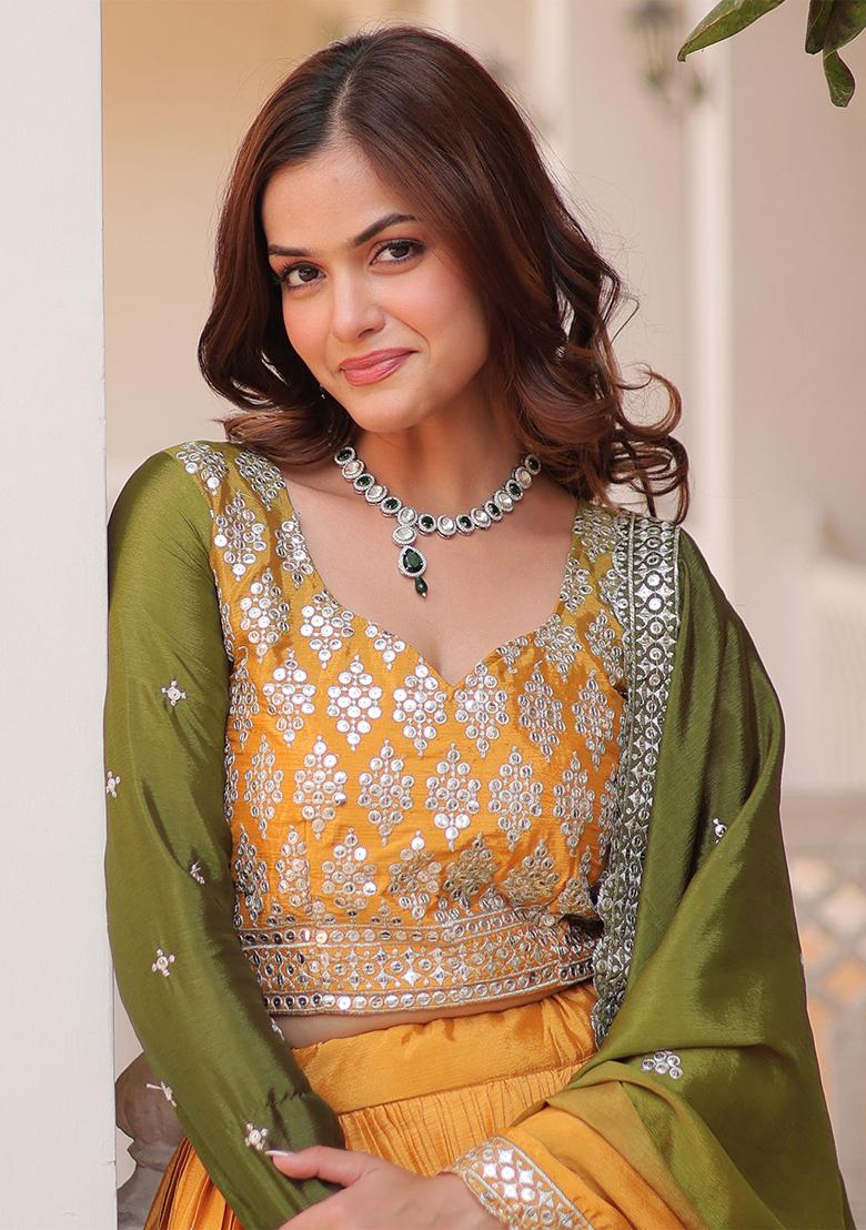 Multi Color Embroidered Chinon Lehenga Set With Dupatta - Indya