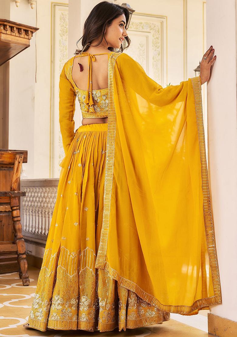 Multi Color Embroidered Georgette Lehenga Set With Dupatta - Indya