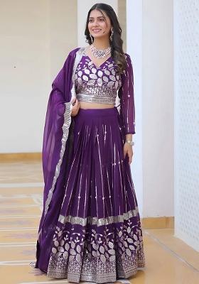 Multi Color Embroidered Georgette Lehenga Set With Dupatta
