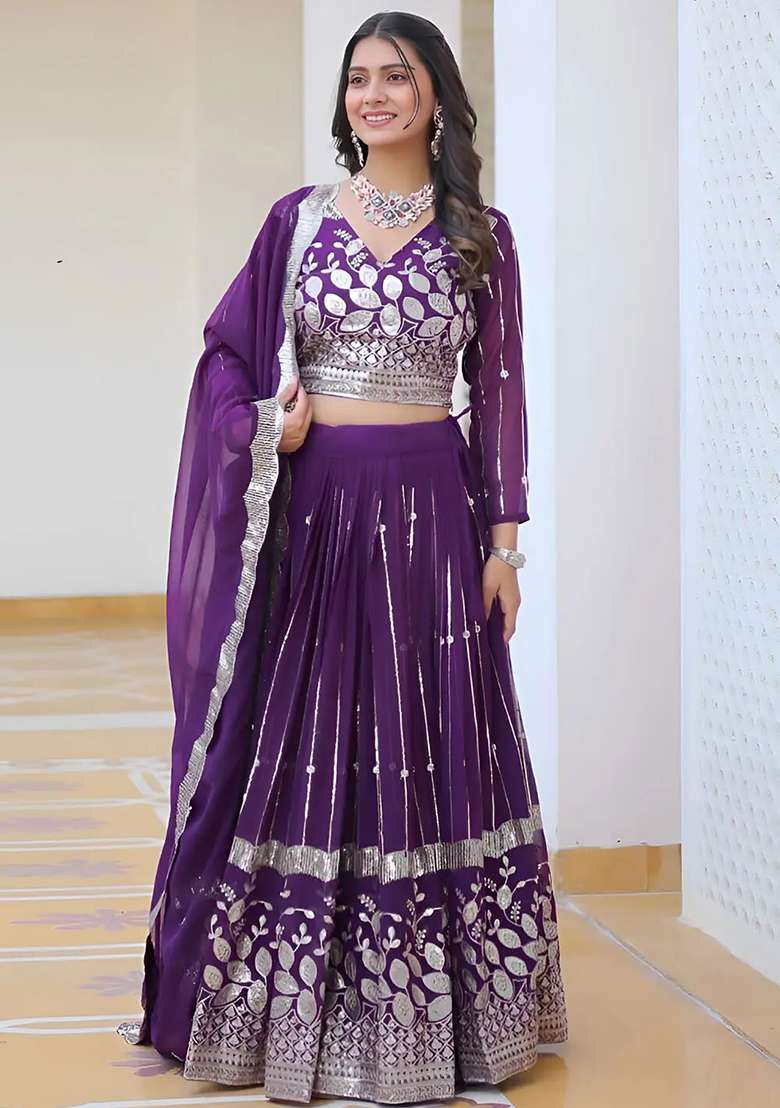 Multi Color Embroidered Georgette Lehenga Set With Dupatta - Indya