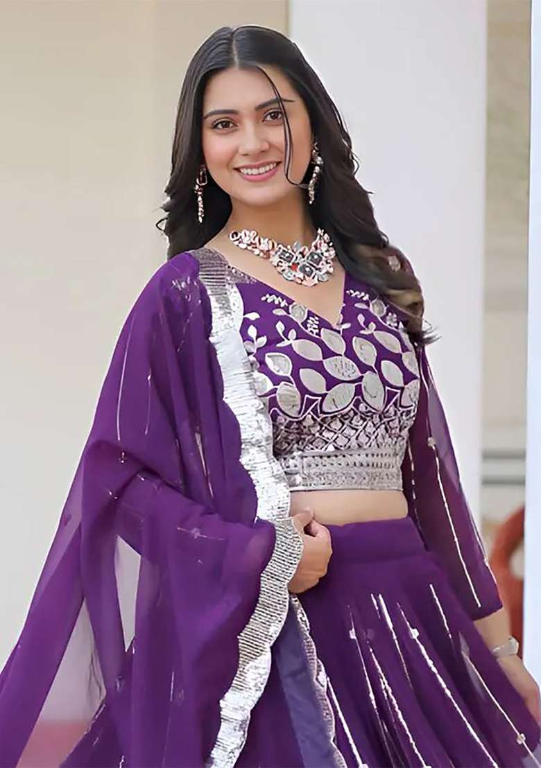Multi Color Embroidered Georgette Lehenga Set With Dupatta - Indya