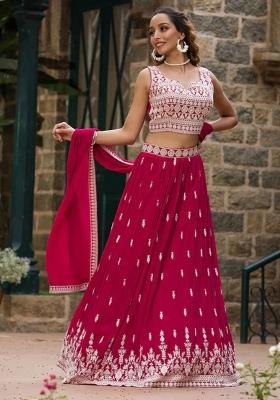 Multi Color Embroidered Georgette Lehenga Set With Dupatta