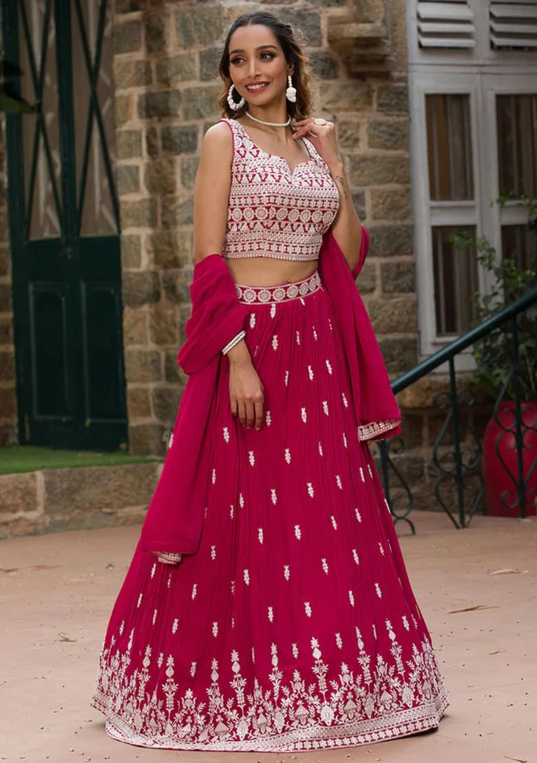 Multi Color Embroidered Georgette Lehenga Set With Dupatta - Indya