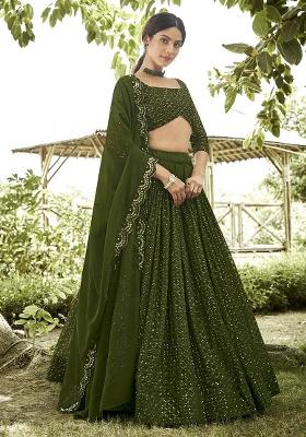 Multi Color Embroidered Georgette Lehenga Set With Dupatta