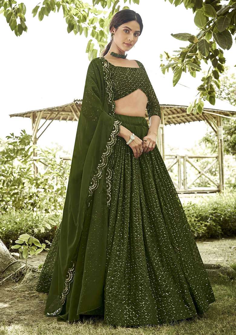 Multi Color Embroidered Georgette Lehenga Set With Dupatta - Indya