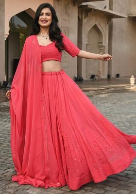 Pink Sequence Embroidery Georgette Lehenga Set With Dupatta