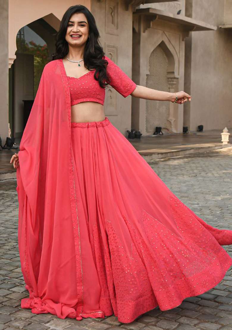 Pink Sequence Embroidery Georgette Lehenga Set With Dupatta for Diwali and Festive Wear - Indya