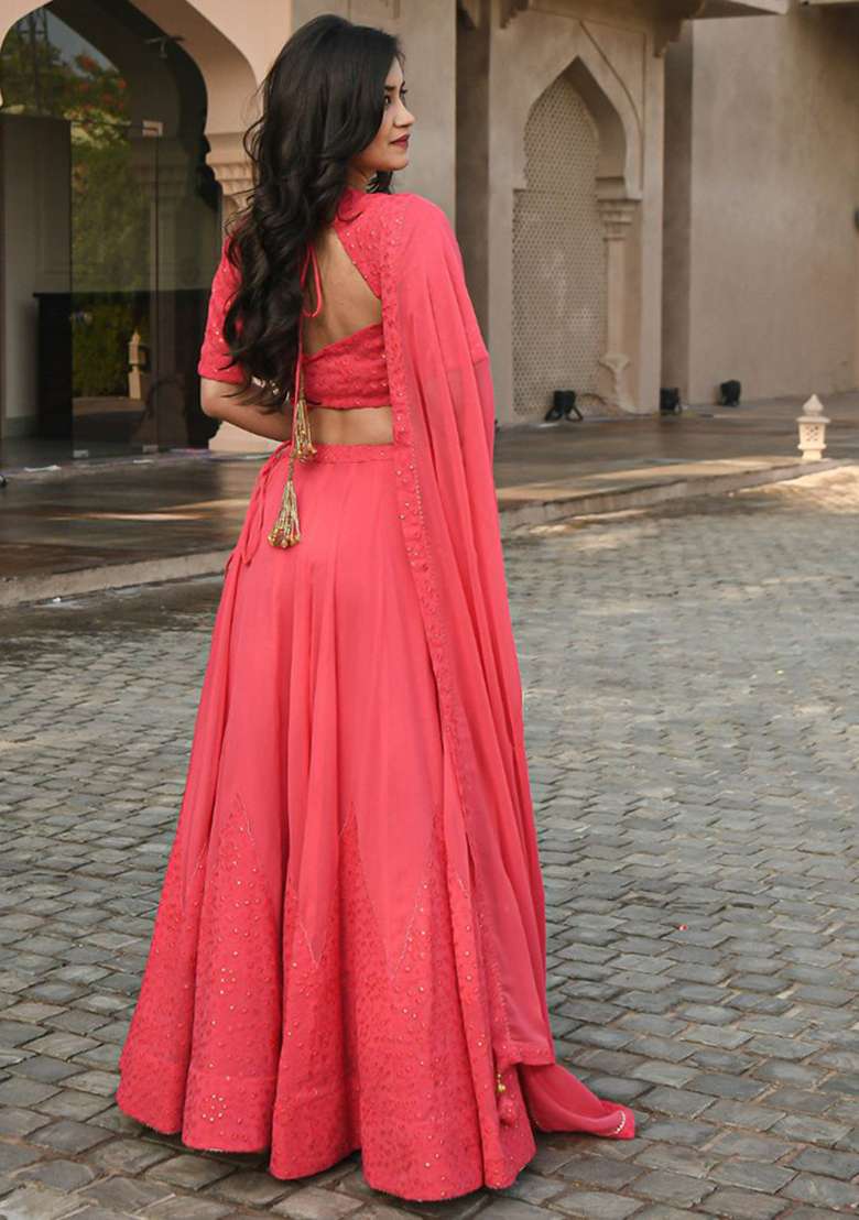 Pink Sequence Embroidery Georgette Lehenga Set With Dupatta for Diwali and Festive Wear - Indya