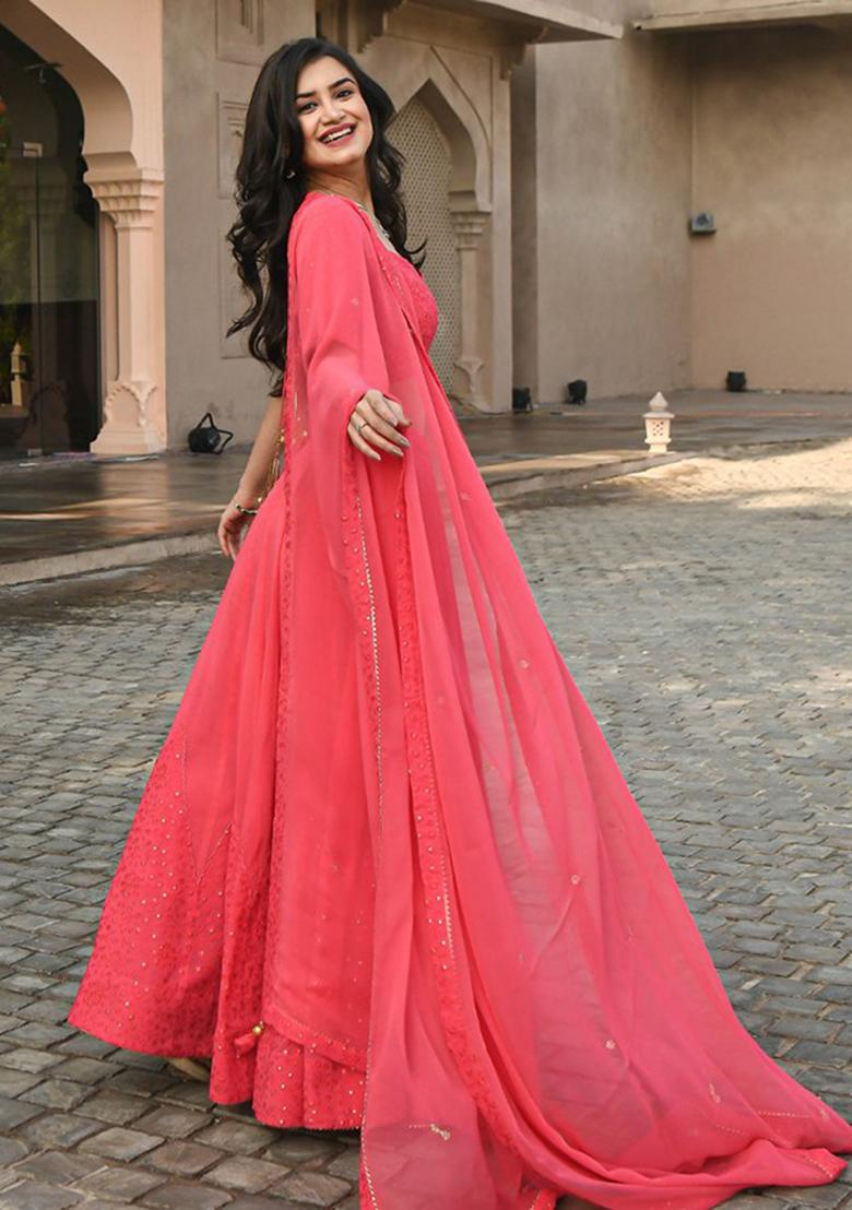 Pink Sequence Embroidery Georgette Lehenga Set With Dupatta - Indya