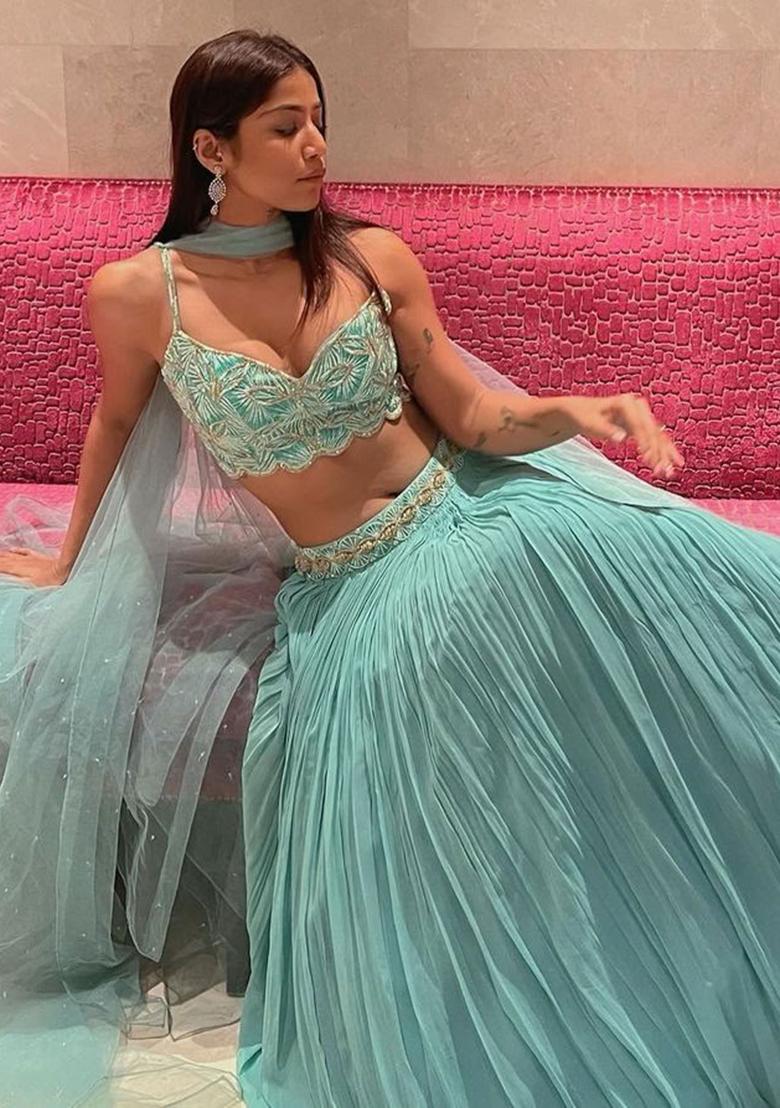 Multi Color Embroidered Georgette Lehenga Set With Dupatta - Indya