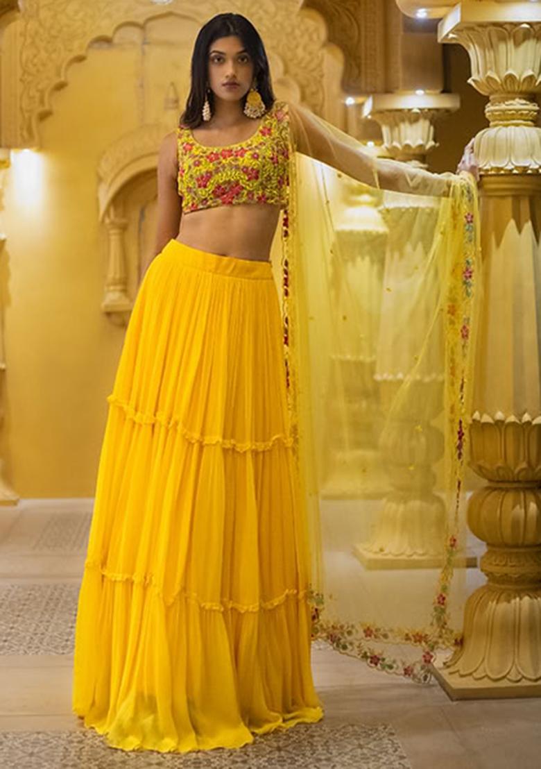 Yellow Embroidered Georgette Lehenga Set With Dupatta - Indya