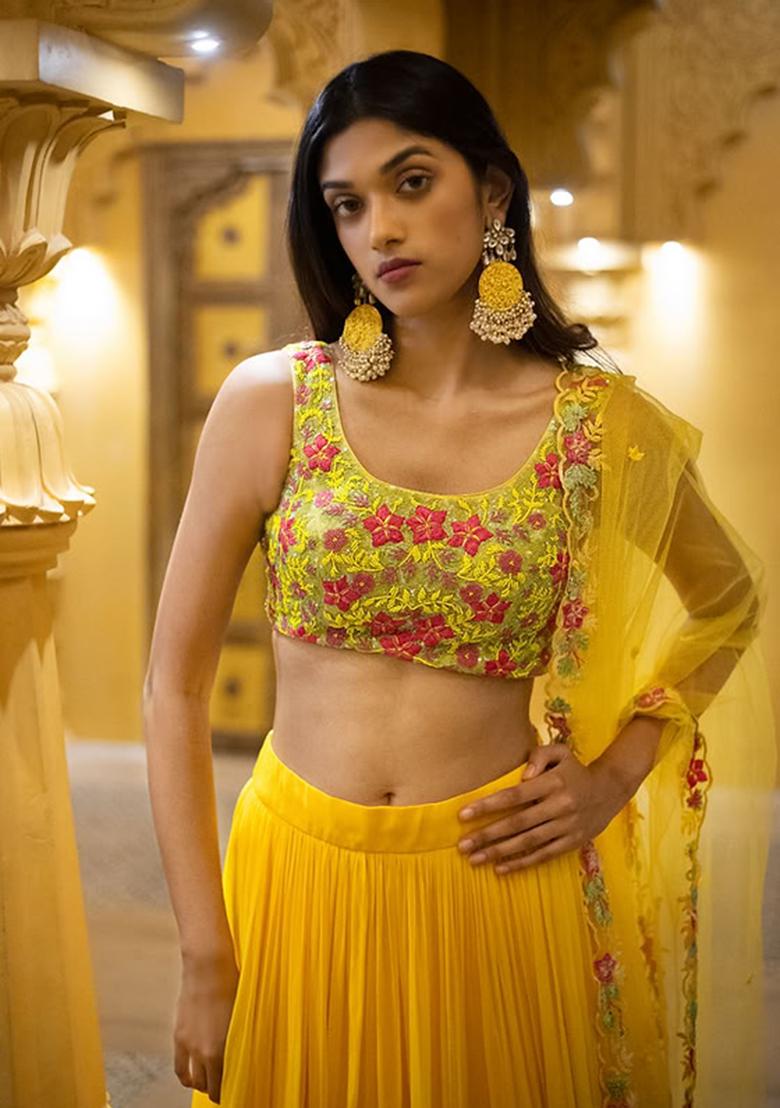 Yellow Embroidered Georgette Lehenga Set With Dupatta - Indya