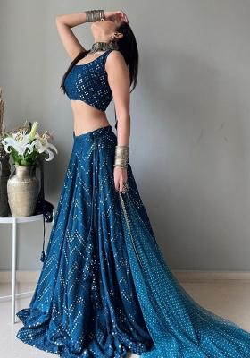 Blue Sequence Embroidery Georgette Lehenga Set With Dupatta