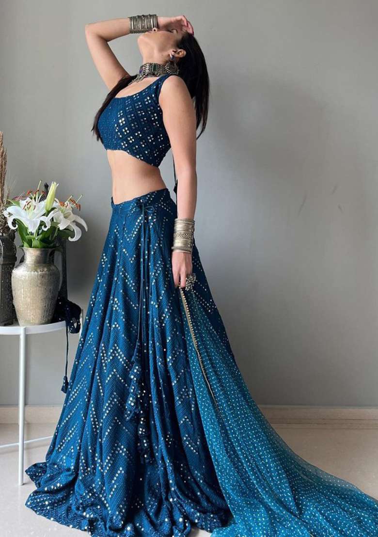 Blue Sequence Embroidery Georgette Lehenga Set With Dupatta for Diwali and Festive Wear - Indya