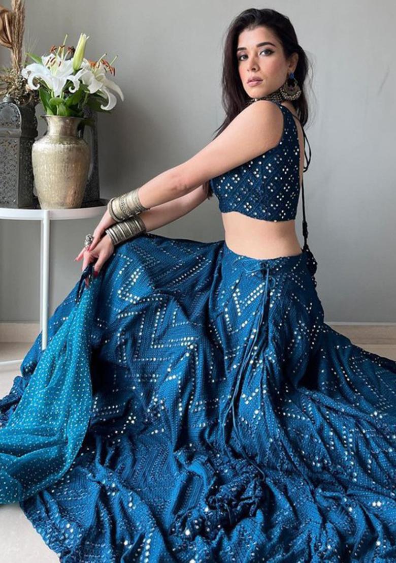 Blue Sequence Embroidery Georgette Lehenga Set With Dupatta - Indya