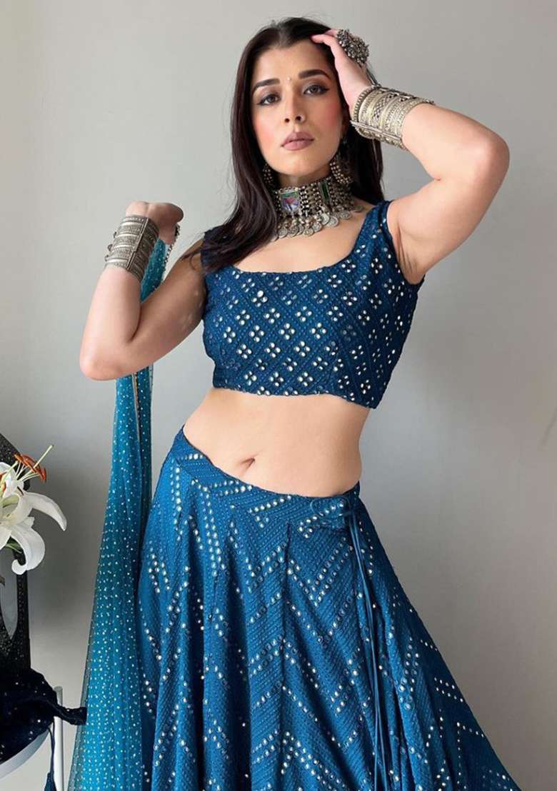 Blue Sequence Embroidery Georgette Lehenga Set With Dupatta for Diwali and Festive Wear - Indya