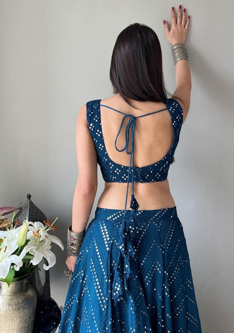 Blue Sequence Embroidery Georgette Lehenga Set With Dupatta - Indya