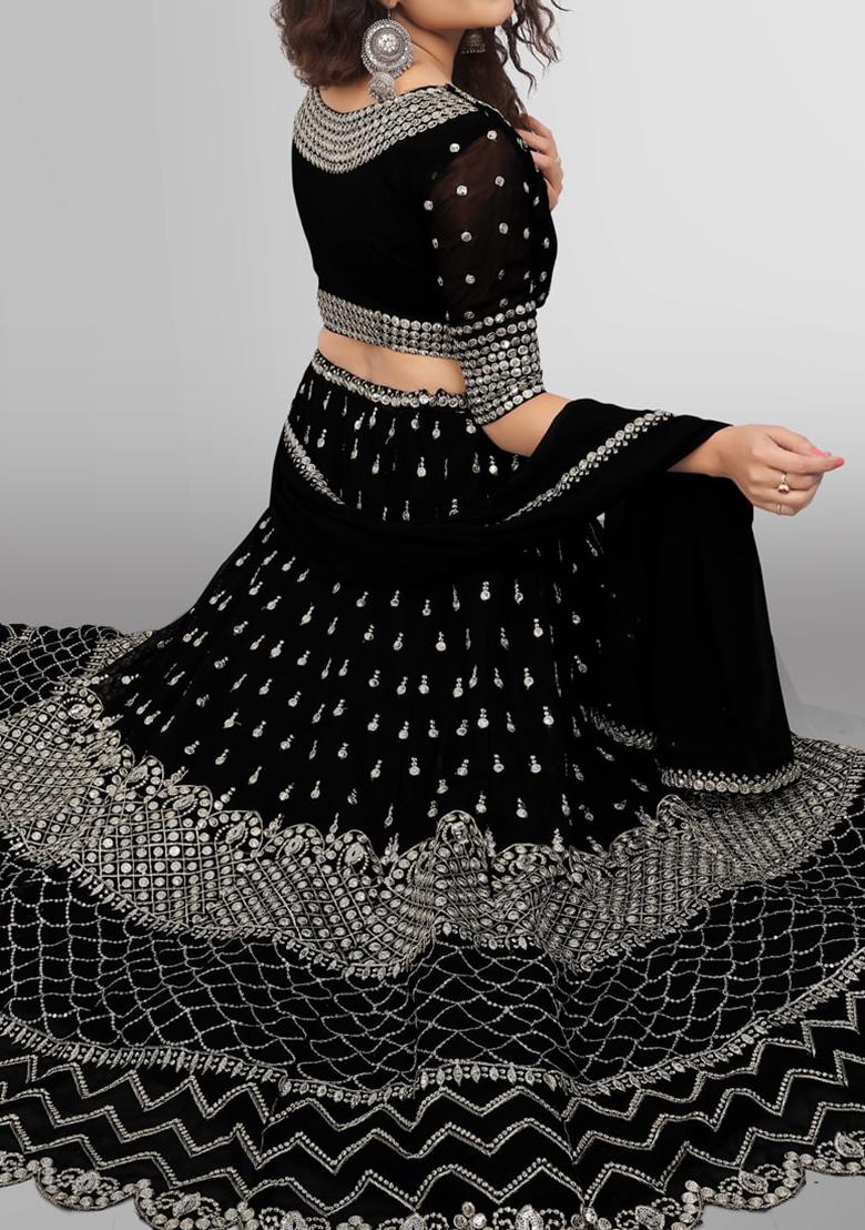 Black Sequence Embroidery Georgette Lehenga Set With Dupatta - Indya