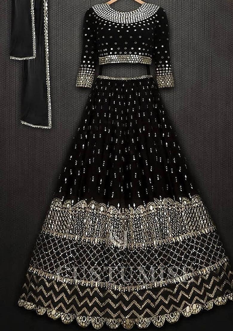 Black Sequence Embroidery Georgette Lehenga Set With Dupatta - Indya