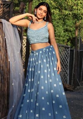 Blue Sequence Embroidery Georgette Lehenga Set With Dupatta
