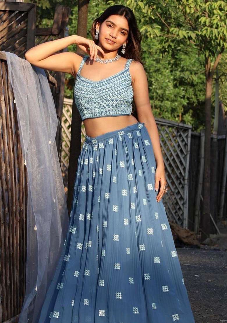 Blue Sequence With Dupatta Georgette Lehenga Set with Embroidery for Diwali | Wedding & Festive Wear - Indya