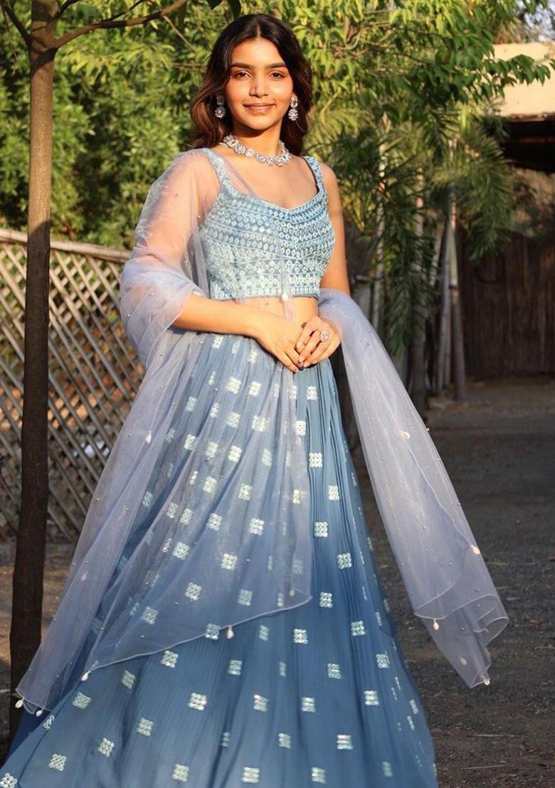 Blue Sequence Embroidery Georgette Lehenga Set With Dupatta - Indya