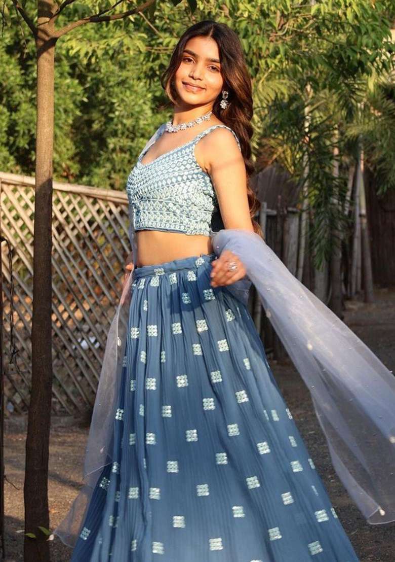 Blue Sequence With Dupatta Georgette Lehenga Set with Embroidery for Diwali | Wedding & Festive Wear - Indya
