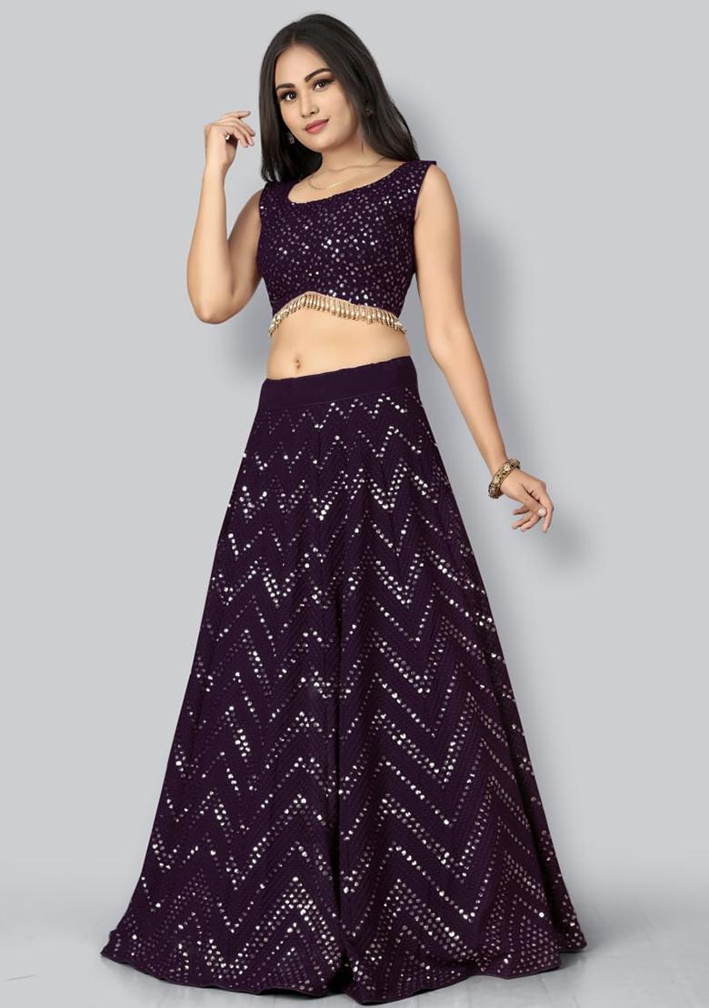 Wine Sequence Embroidery Georgette Lehenga Set With Dupatta - Indya