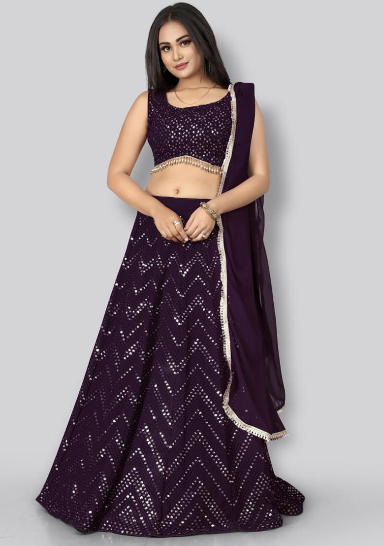 Wine Sequence Embroidery Georgette Lehenga Set With Dupatta - Indya