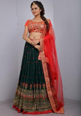 Green Sequence Embroidery Georgette Lehenga Set With Dupatta