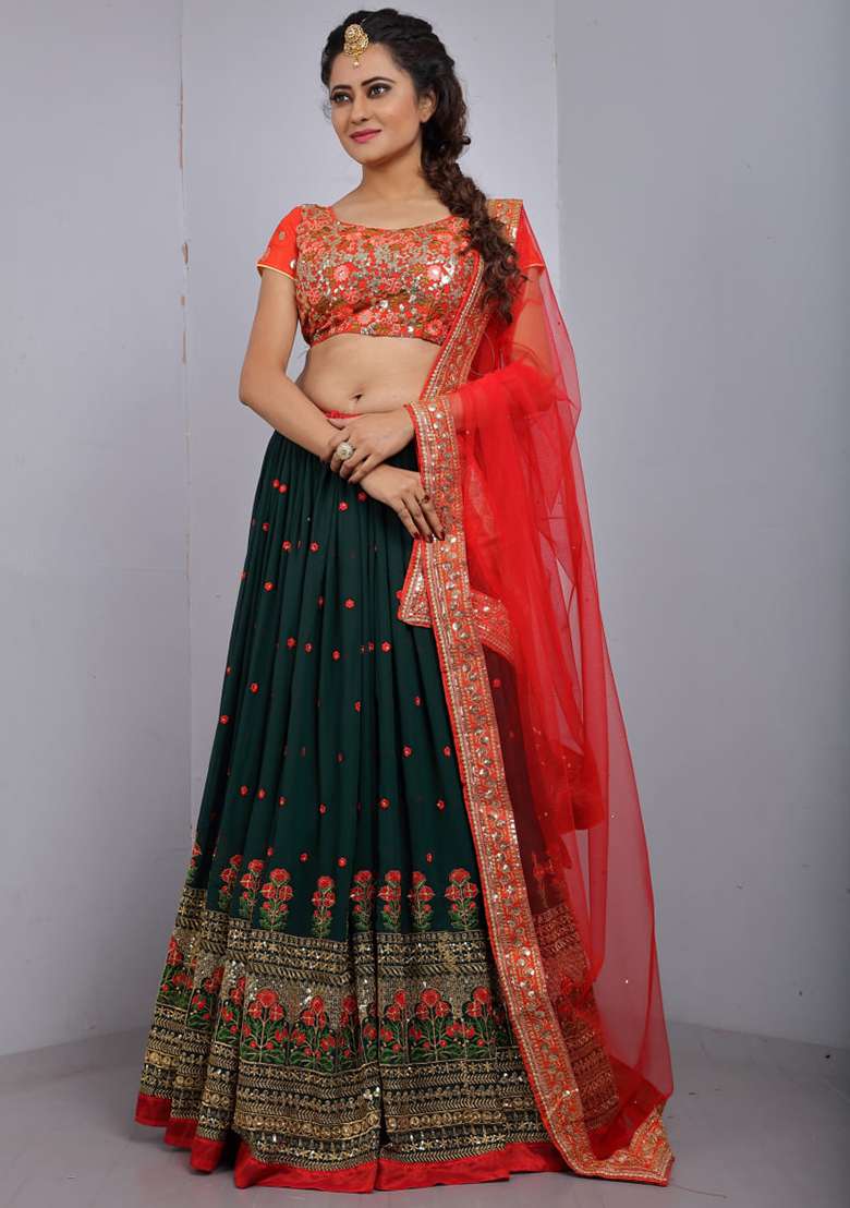 Green Sequence With Dupatta Georgette Lehenga Set with Embroidery for Diwali | Wedding & Festive Wear - Indya
