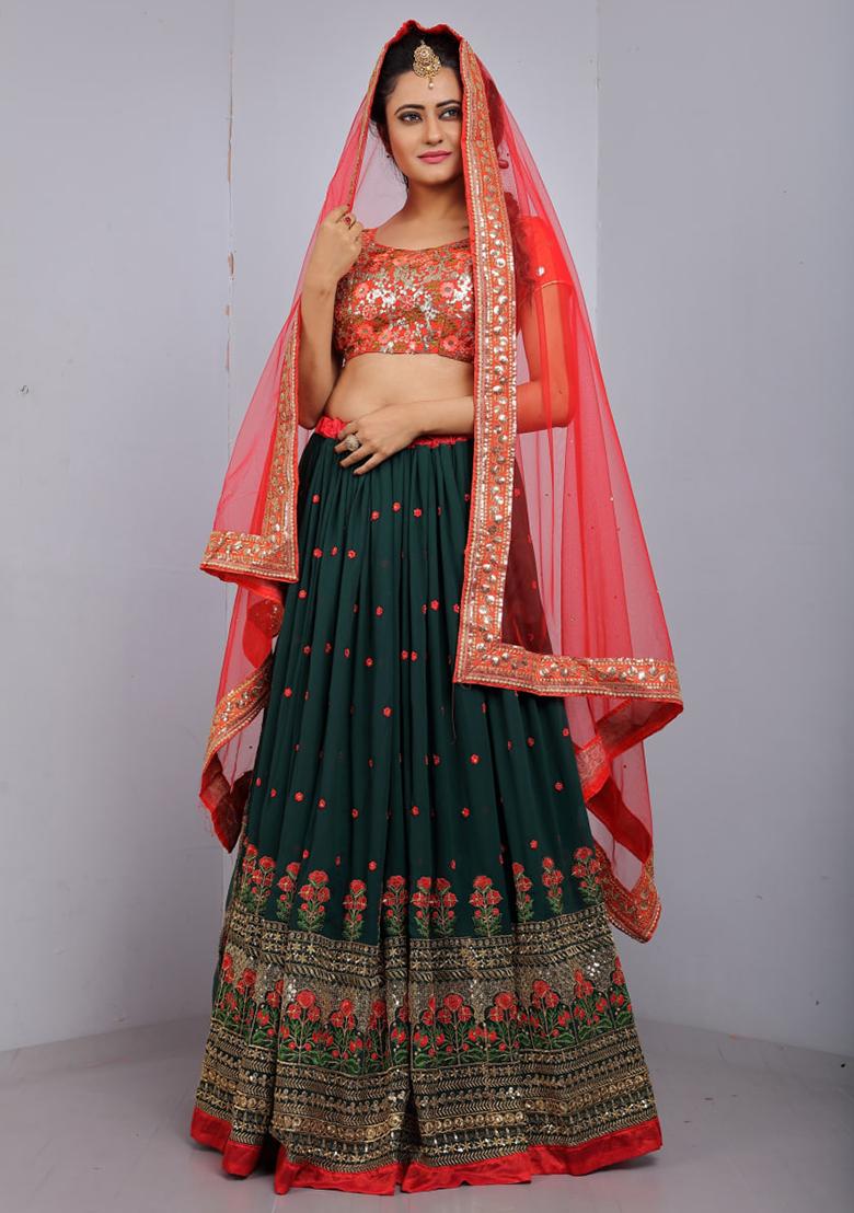 Green Sequence Embroidery Georgette Lehenga Set With Dupatta - Indya