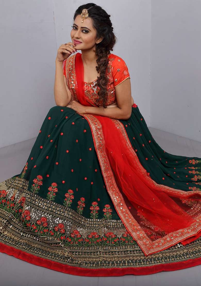 Green Sequence With Dupatta Georgette Lehenga Set with Embroidery for Diwali | Wedding & Festive Wear - Indya