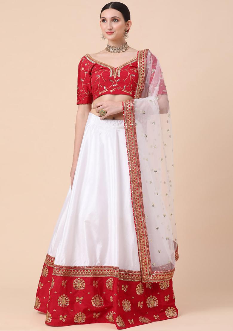 Red Sequence Embroidery Net Lehenga Set With Dupatta - Indya