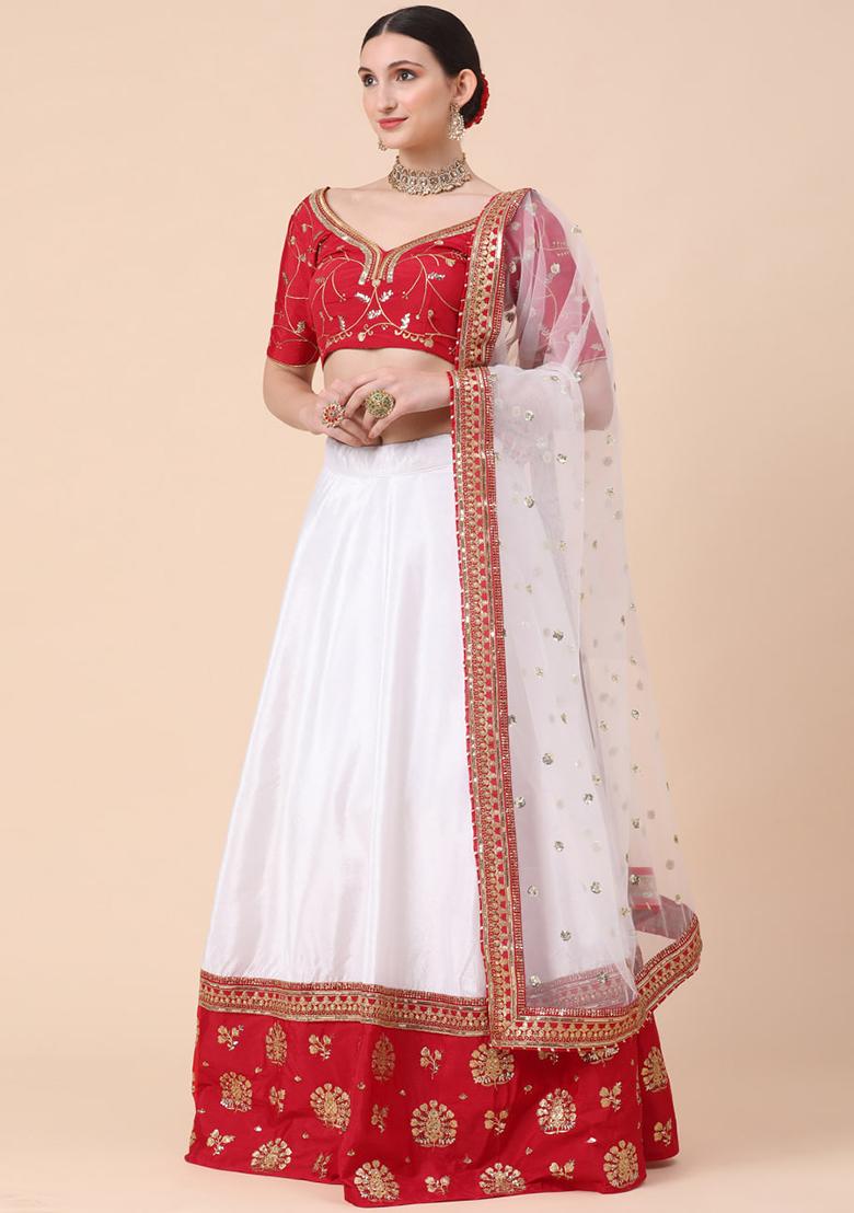 Red Sequence Embroidery Net Lehenga Set With Dupatta - Indya