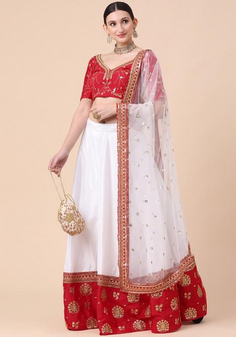 Red Sequence Embroidery Net Lehenga Set With Dupatta