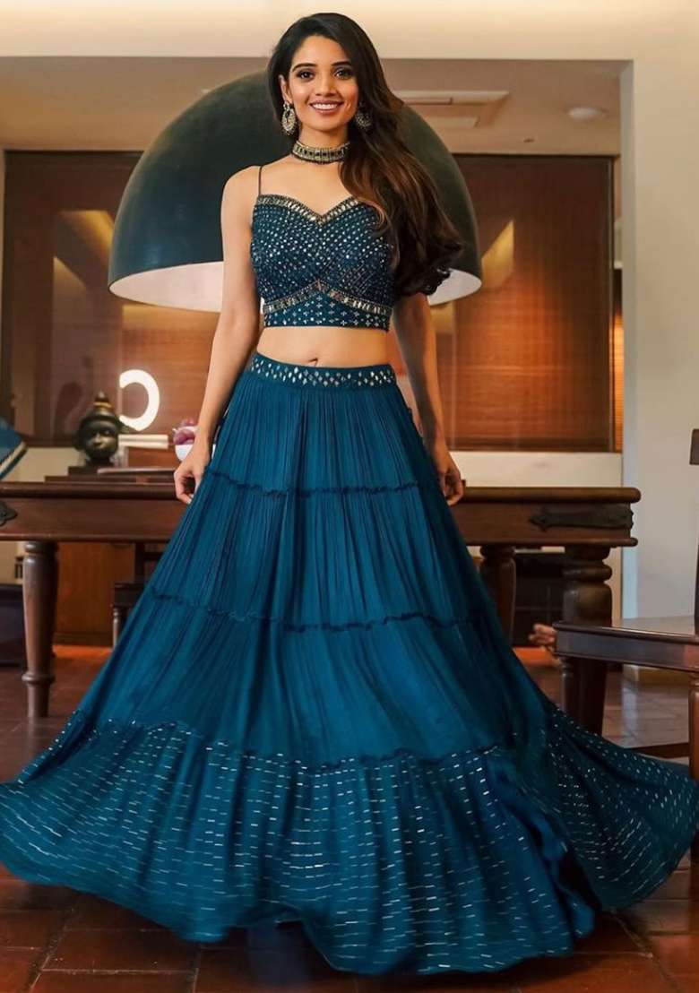 Blue Sequence Embroidery Georgette Lehenga Set With Dupatta - Indya