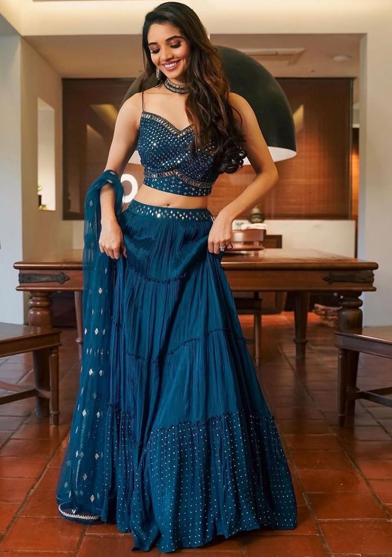 Blue Sequence Embroidery Georgette Lehenga Set With Dupatta - Indya
