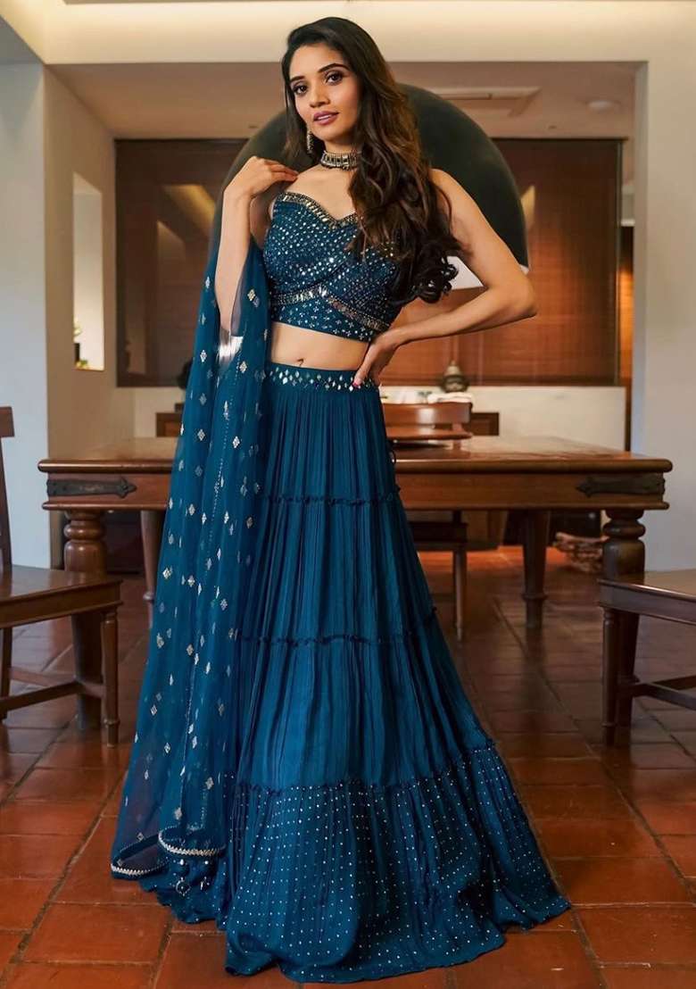 Blue Sequence Embroidery Georgette Lehenga Set With Dupatta - Indya